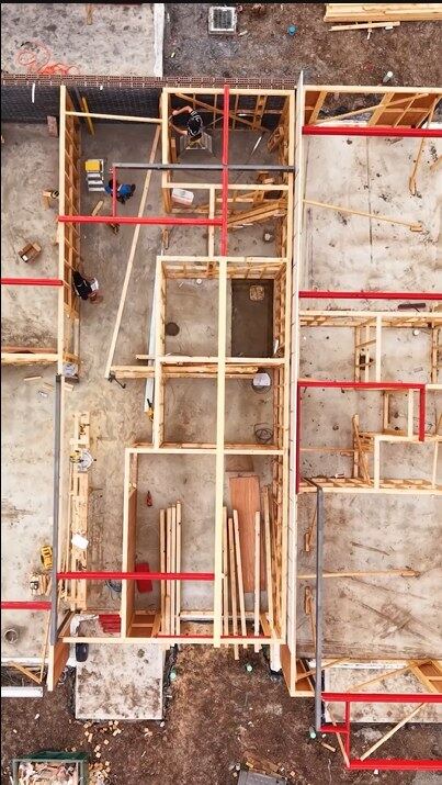 Aerial over a house at framing stage